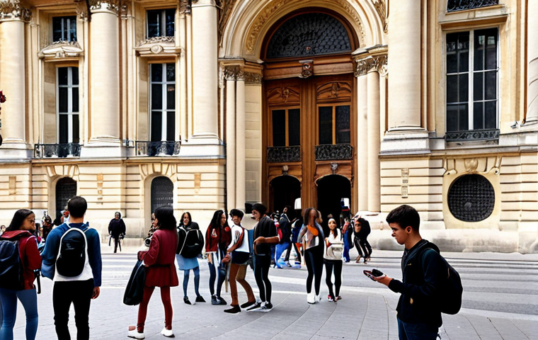 **
A bustling university campus scene in France, perhaps near the Sorbonne in Paris, with students from diverse backgrounds interacting. Focus on the architectural style and the vibrant atmosphere of student life.
**