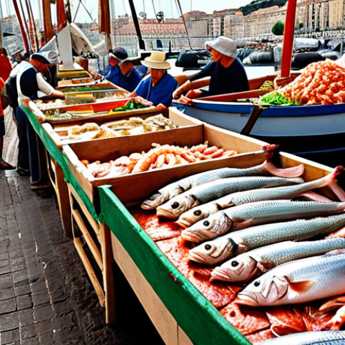 ** A vibrant fish market scene at the Vieux Port (Old Port) of Marseille. Fishermen unloading their fresh catch, including dorade, sea bass, squid, and prawns. Capture the bustling atmosphere, the smell of the sea, and the colorful display of seafood.

**