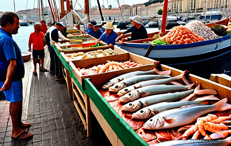 ** A vibrant fish market scene at the Vieux Port (Old Port) of Marseille. Fishermen unloading their fresh catch, including dorade, sea bass, squid, and prawns. Capture the bustling atmosphere, the smell of the sea, and the colorful display of seafood.
**