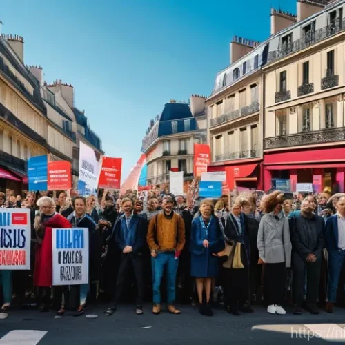 프랑스 현대 정치사 개요 - A vibrant, detailed depiction of a peaceful but passionate street protest in a historic French city....