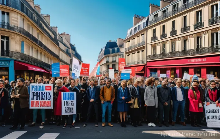 프랑스 현대 정치사 개요 - A vibrant, detailed depiction of a peaceful but passionate street protest in a historic French city....