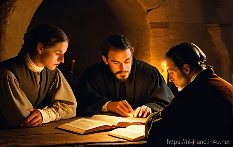 프랑스의 종교 개혁과 가톨릭 영향 - **Prompt 1: The Whispers of Change**
    *   **Description:** A close-up, historical painting-style ...