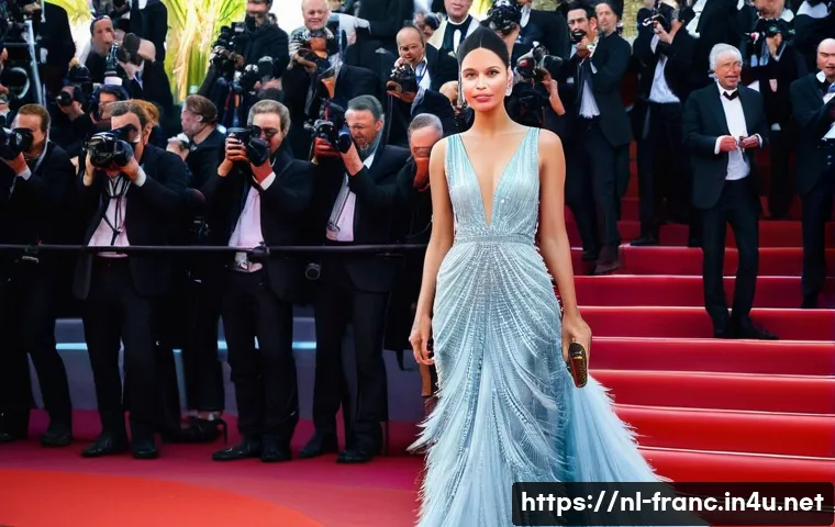 칸 영화제 주요 수상작 정리 - **Cannes Festival Glamour with a Modern Edge:**
    "A prestigious film festival red carpet scene in...