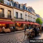 프랑스 파리 여행 필수 코스 - A charming Montmartre street scene at golden hour, featuring narrow cobblestone alleys lined with qu...