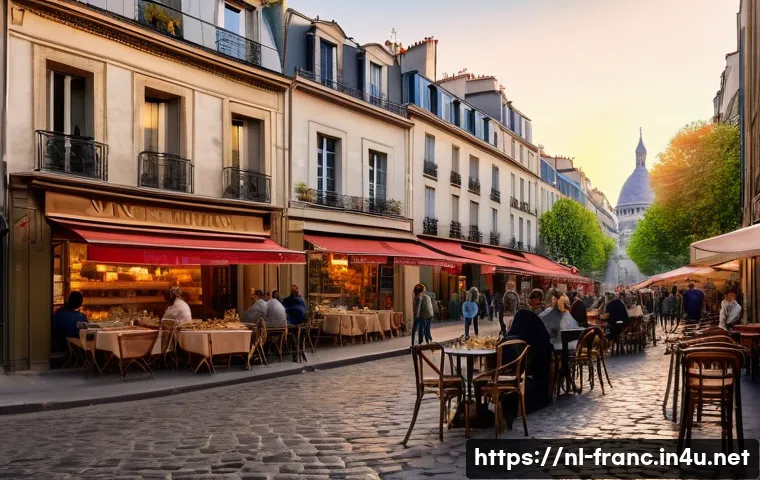 프랑스 파리 여행 필수 코스 - A charming Montmartre street scene at golden hour, featuring narrow cobblestone alleys lined with qu...