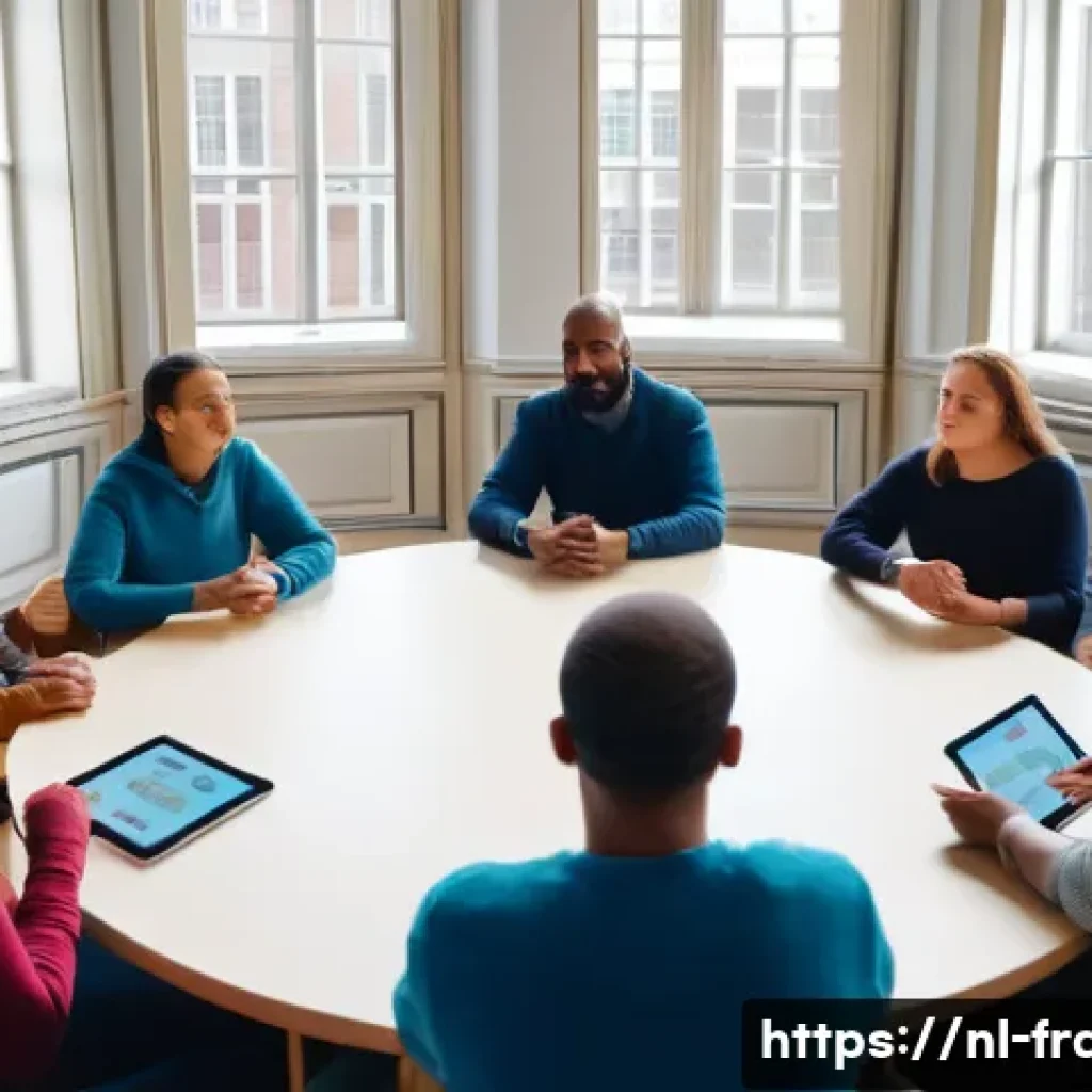 파리 코뮌과 노동운동 - A dynamic scene depicting a modern Dutch workers' cooperative meeting in a bright, spacious room wit...