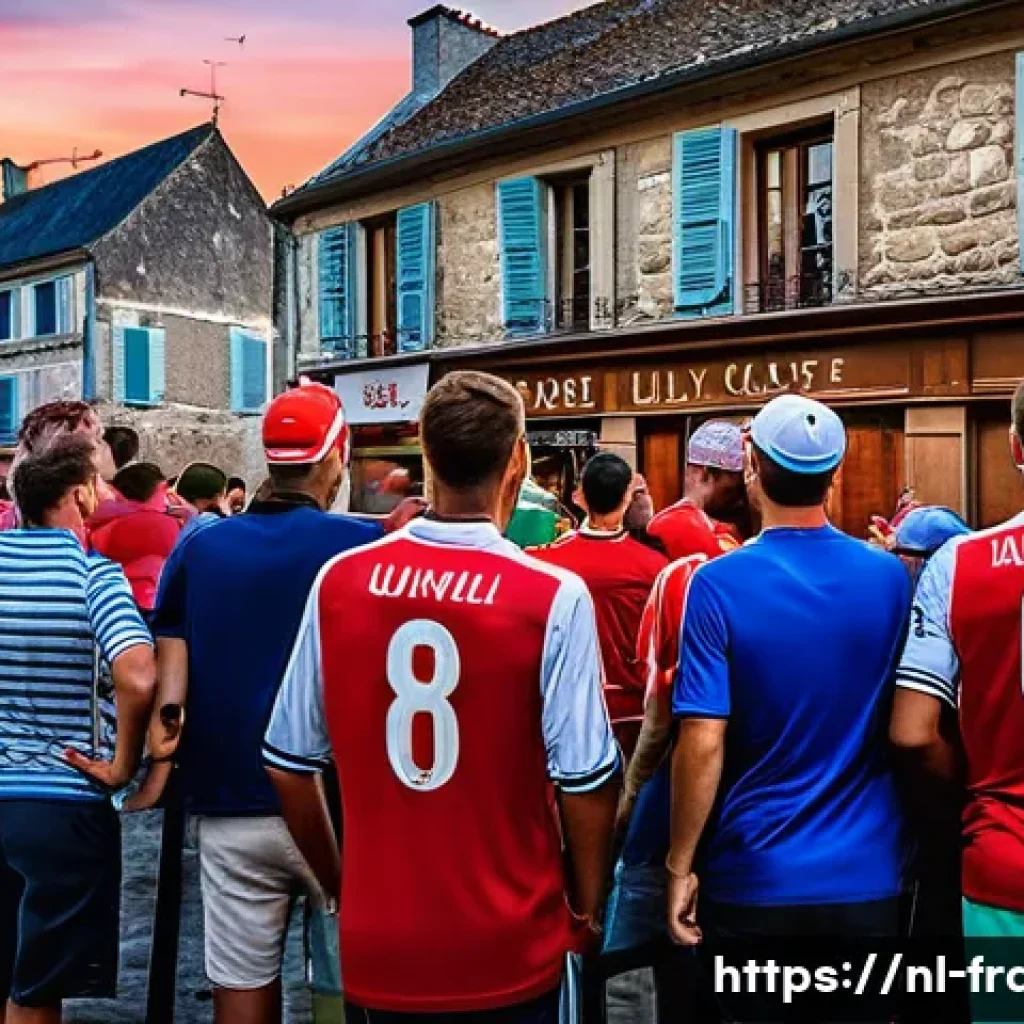 프랑스의 국민 스포츠와 축구 대표팀 - A lively French football fan scene outside a local café in a small village during a major tournament...