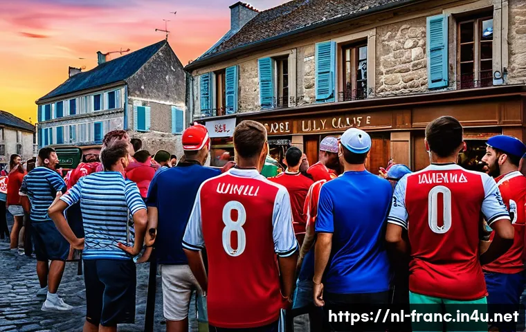 프랑스의 국민 스포츠와 축구 대표팀 - A lively French football fan scene outside a local café in a small village during a major tournament...