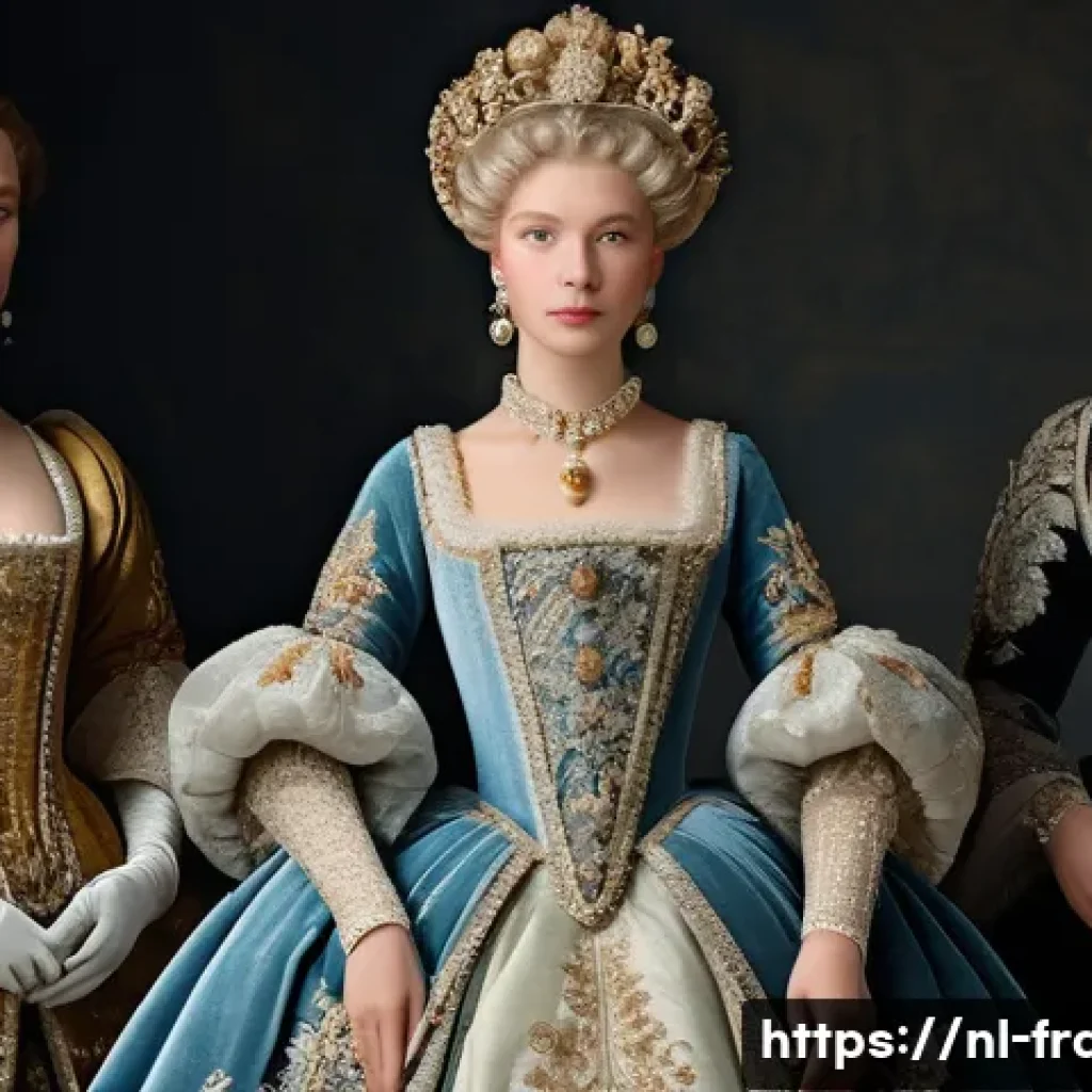 프랑스에서 전통 의상 및 패션 역사 - A detailed scene of a French Renaissance royal court fashion setting, featuring elegantly dressed no...