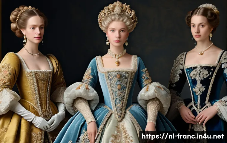 프랑스에서 전통 의상 및 패션 역사 - A detailed scene of a French Renaissance royal court fashion setting, featuring elegantly dressed no...