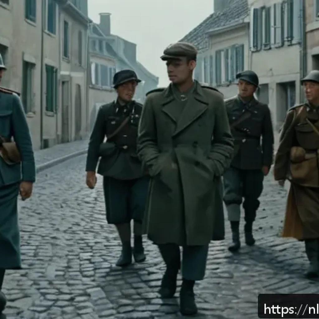 프랑스와 나치 점령 시기 역사 - A tense scene set in occupied France during World War II, showing a group of French civilians in mod...