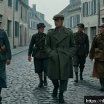 프랑스와 나치 점령 시기 역사 - A tense scene set in occupied France during World War II, showing a group of French civilians in mod...
