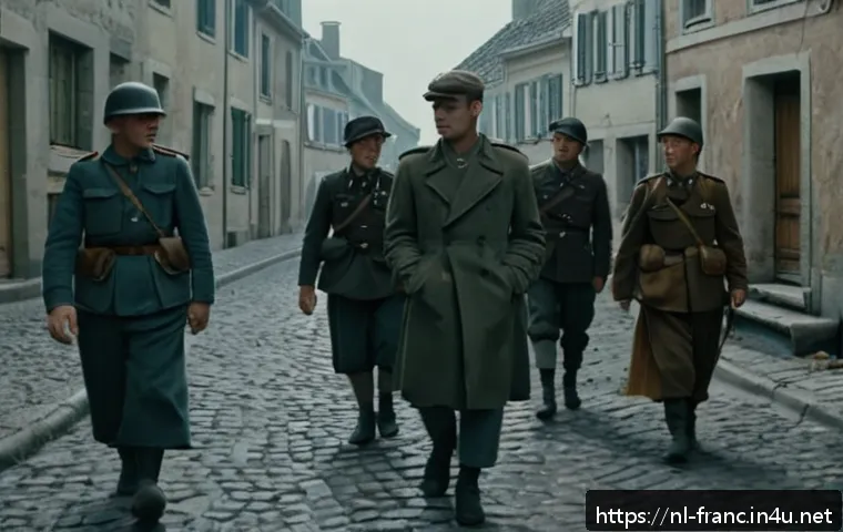 프랑스와 나치 점령 시기 역사 - A tense scene set in occupied France during World War II, showing a group of French civilians in mod...
