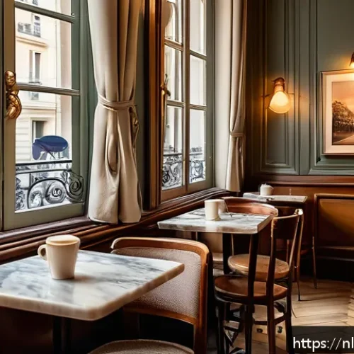 파리 카페 문화와 에스프레소 스타일 - A cozy Parisian caf&eacute; interior with vintage wooden chairs showing slight wear, elegant marble tables ...