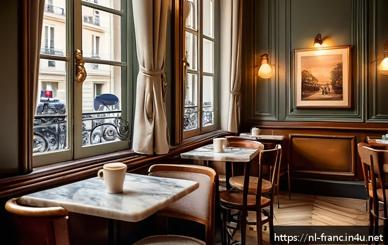 파리 카페 문화와 에스프레소 스타일 - A cozy Parisian caf&eacute; interior with vintage wooden chairs showing slight wear, elegant marble tables ...