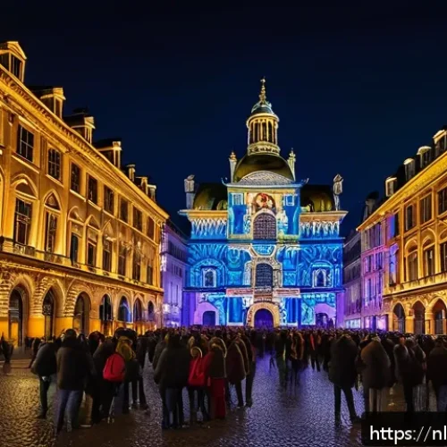 리옹 빛의 축제 역사 - A vibrant night scene of Lyon&rsquo;s historic Place des Terreaux square during the Festival of Lights, sh...