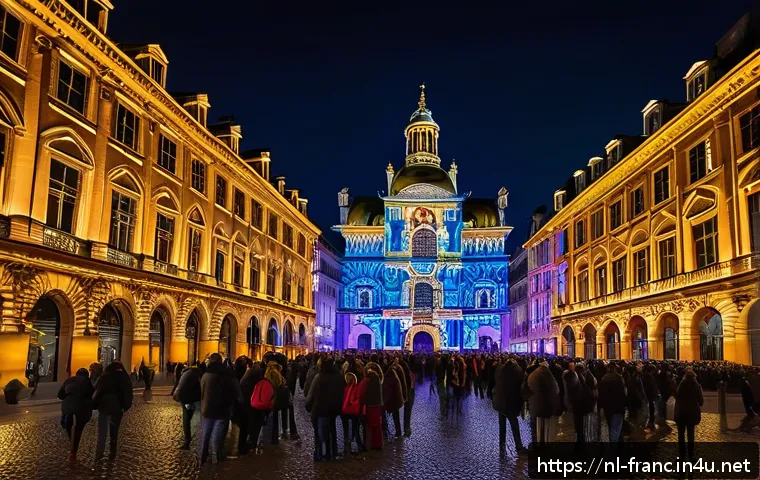 리옹 빛의 축제 역사 - A vibrant night scene of Lyon’s historic Place des Terreaux square during the Festival of Lights, sh...