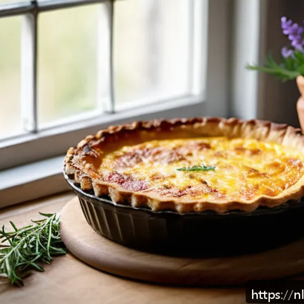 프랑스 전통 음식 및 요리법 - A rustic French kitchen scene featuring a freshly baked Quiche Lorraine on a wooden table. The quich...