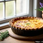 프랑스 전통 음식 및 요리법 - A rustic French kitchen scene featuring a freshly baked Quiche Lorraine on a wooden table. The quich...