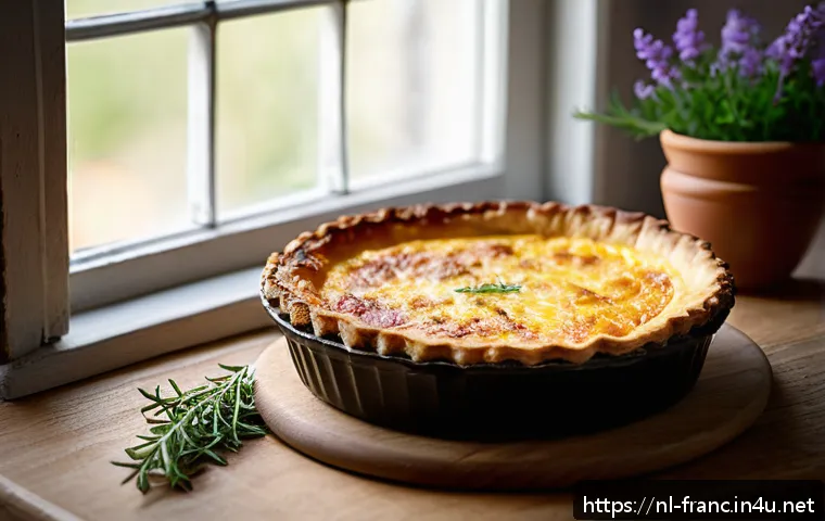 프랑스 전통 음식 및 요리법 - A rustic French kitchen scene featuring a freshly baked Quiche Lorraine on a wooden table. The quich...