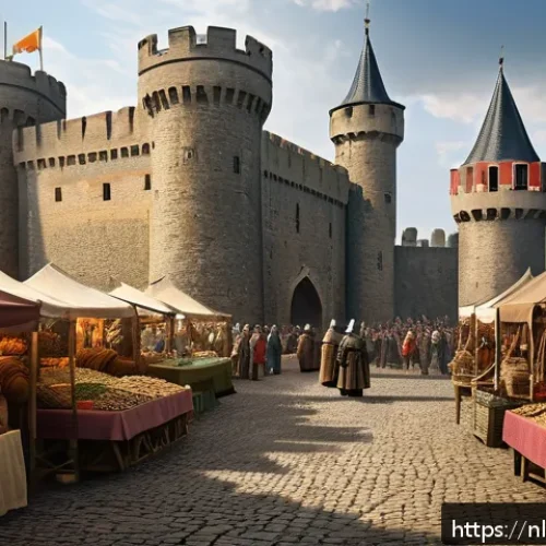 샤를마뉴 대제와 프랑스 왕국 - A detailed medieval European castle scene showcasing a fortified border town with high stone walls, ...