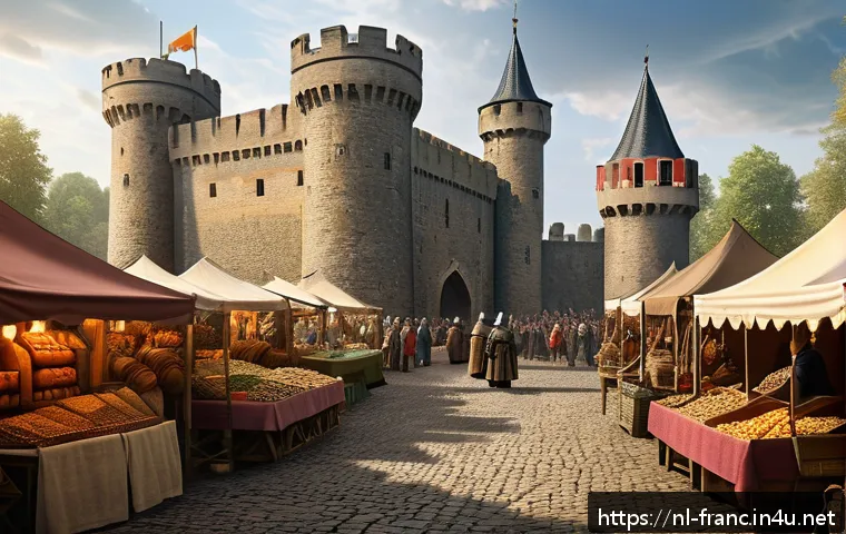 샤를마뉴 대제와 프랑스 왕국 - A detailed medieval European castle scene showcasing a fortified border town with high stone walls, ...